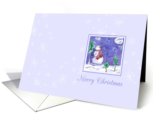 Merry Christmas Snowman Watercolor Illustration White Snowflakes card