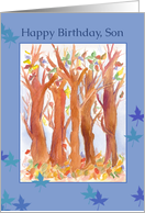 Happy Birthday Son Autumn Trees Leaves Blue card