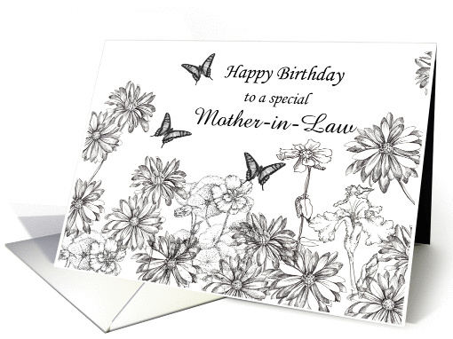 Birthday Mother in Law Black White Flowers Butterflies card (838233)