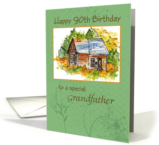 Happy 90th Birthday Grandfather Cabin Watercolor card (839867)