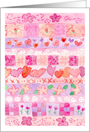 Pink Quilt Sampler Hearts Watercolor Flowers Blank card