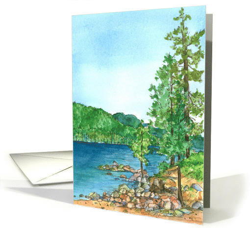 Mountain Lake Pine Trees Rocks Watercolor Blank card (847837)