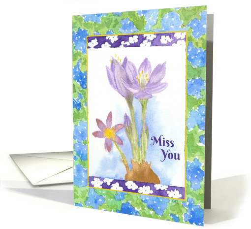 Miss You Purple Crocus Watercolor Flower Painting card (85129)