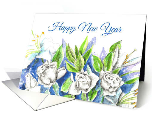 Happy New Year White Roses Lily Flower Watercolor card (868430)