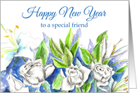 Happy New Year Friend White Roses Watercolor card