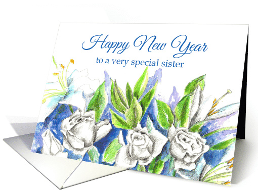 Happy New Year Sister White Roses Watercolor card (868449)