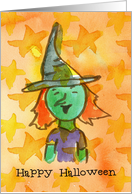 Happy Halloween Green Witch Watercolor Illustration card
