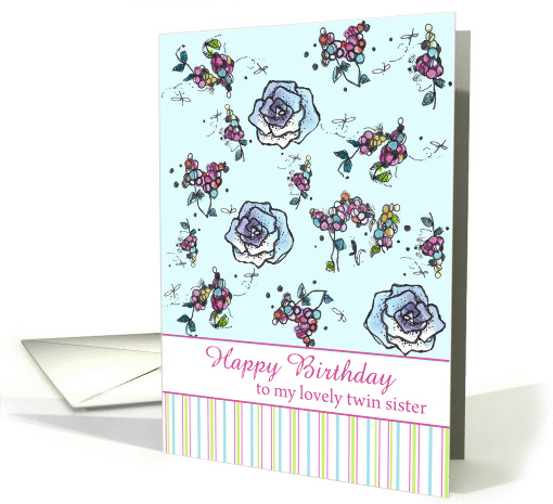 Happy Birthday Twin Sister Blue Roses Flower Drawing card (887387)