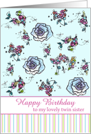 Happy Birthday Twin Sister Blue Roses Flower Drawing card