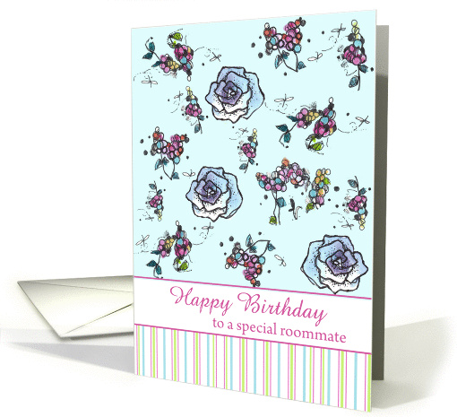 Happy Birthday Roommate Blue Roses Flower Drawing card (887607)