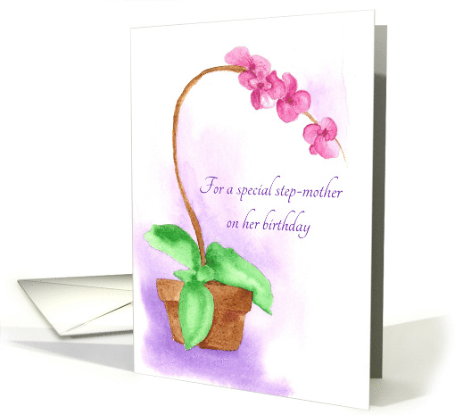 Step Mother Happy Birthday Orchid Watercolor Flower card (90035)