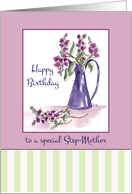 Happy Birthday Step-Mother Flower Bouquet Blue Vintage Pitcher card
