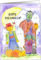 Happy Halloween Frankenstein Witch Ghosts Scarecrow card