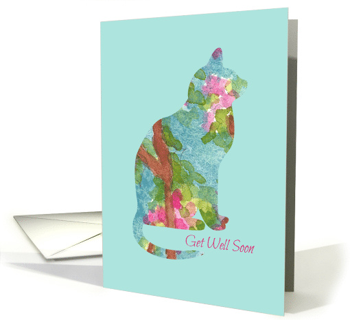 Get Well Soon Cat Animal Pet Pink Watercolor Flowers card (906606)