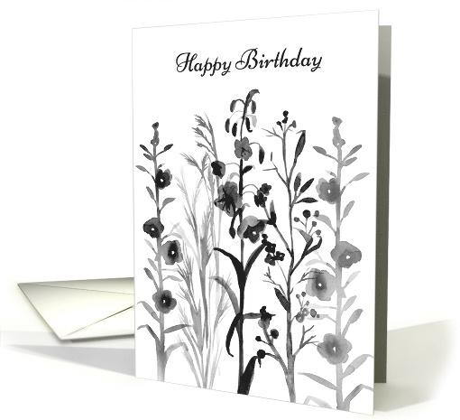 Happy Birthday Black Grey Watercolor Flowers card (906614)