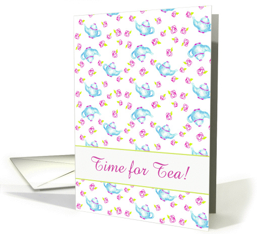 Tea Party Invitation Blue Teapot Pink Rose Flower Drawing card