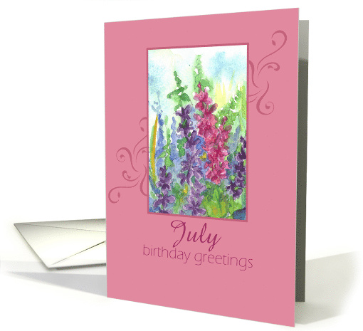 Happy July Birthday Pink Larkspur Flowers card (916403)