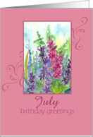 Happy July Birthday Pink Larkspur Flowers card