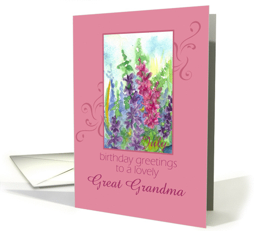Happy July Birthday Great Grandma Larkspur Flower Watercolor card
