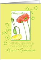 Happy August Birthday Great Grandmother Orange Poppy Flower Watercolor card