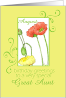 Happy August Birthday Great Aunt Orange Poppy Flower Watercolor card