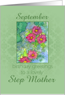 Happy September Birthday Step Mother Pink Aster Flower Watercolor card