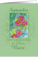 Happy September Birthday Niece Pink Aster Flower Watercolor card