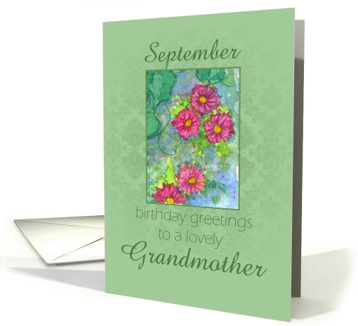 Happy September Birthday Grandmother Pink Aster Flower Watercolor card