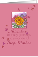 Happy October Birthday Step Mother Marigold Flower Watercolor card