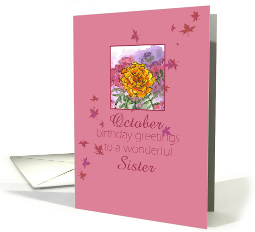 Happy October Birthday Sister Marigold Flower Watercolor card (920802)
