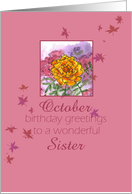 Happy October Birthday Sister Marigold Flower Watercolor card