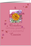 Happy October Birthday Cousin Marigold Flower Watercolor card