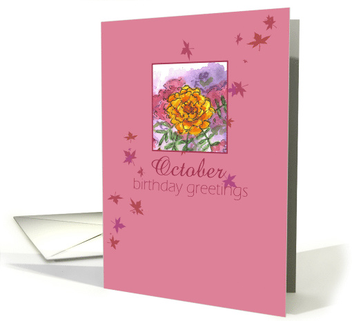 Happy October Birthday Greetings Marigold Flower Watercolor card