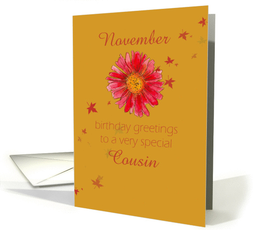 Happy November Birthday Cousin Red Chrysanthemum Flower Art card