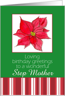 Happy December Birthday Step Mother Red Poinsettia Flower Stripes card
