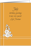 July Happy Birthday Life Partner Larkspur Flower card