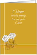 Happy October Birthday Cousin White Marigold Flower card