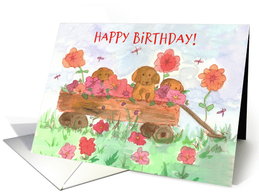 Happy Birthday Puppies in Wagon Watercolor Flowers card (932307)