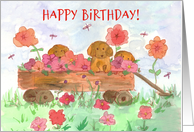 Happy Birthday Puppies in Wagon Watercolor Flowers card