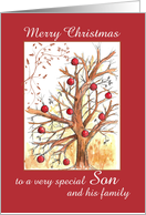 Merry Christmas Son and Family Winter Tree Drawing Red Ornaments card