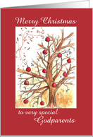 Merry Christmas Godparents Holiday Winter Tree Drawing card