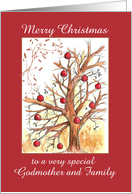 Merry Christmas Godmother and Family Holiday Winter Tree Drawing card