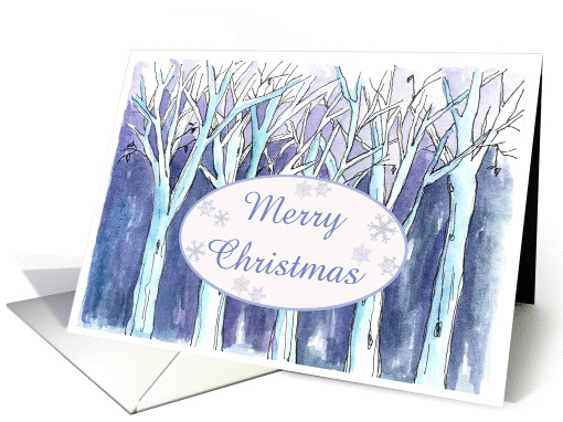 Merry Christmas Blue Winter Trees Painting Nature Snow card (944394)