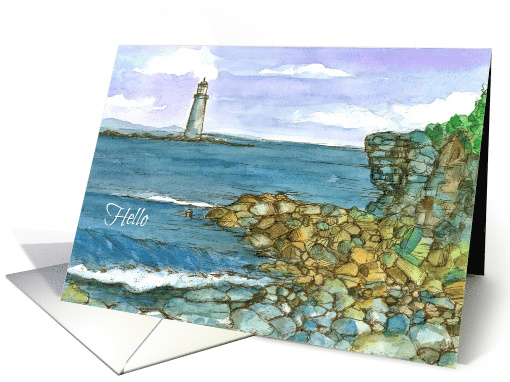 Hello Maine Lighthouse Atlantic Ocean Watercolor card (955833)