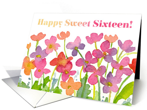 Happy Sweet Sixteen Birthday Bright Pink Watercolor Flowers card