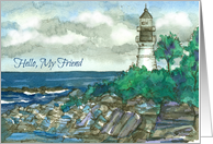 Hello Friend Maine Lighthouse Ocean Watercolor card