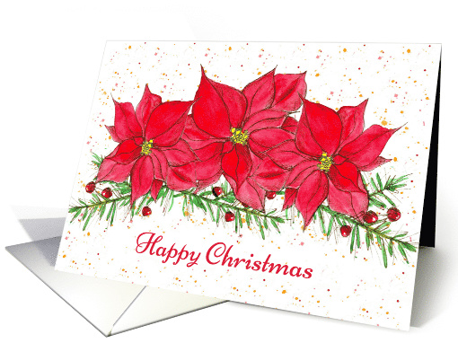 Happy Christmas Red Poinsettia Watercolor Flowers card (990595)