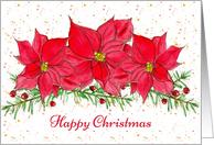 Happy Christmas Red Poinsettia Watercolor Flowers card