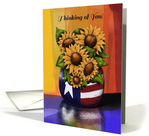 Thinking of You! Sunflowers in Patriotic Vase, Floral Reflection card