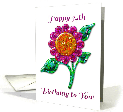 Happy 34th Birthday! Glossy Glitter Look Pink Flower, Floral Art card